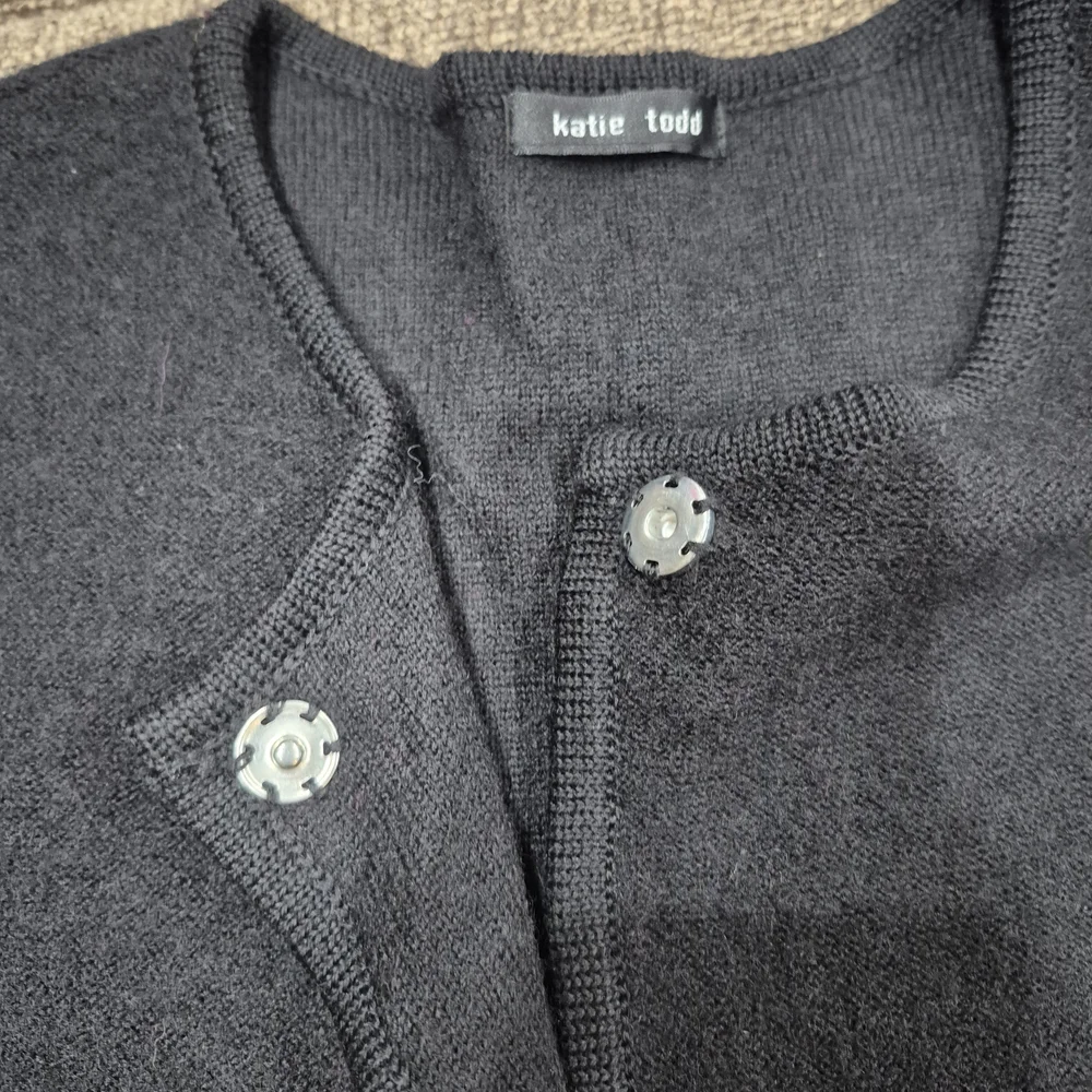 Katie Todd Elegant Black & Magenta Striped Wool-Blend Cardigan Sweater Sz L - Picture 8 of 10